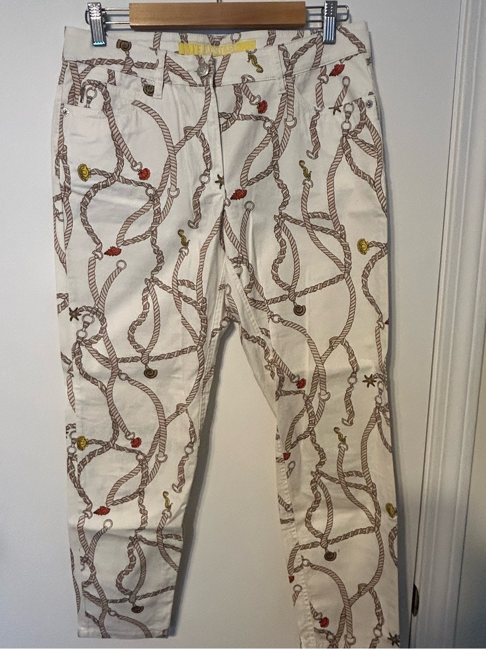 Zerres Cream Rope-Print Nautical Chino Pants with Red and Yellow Accents